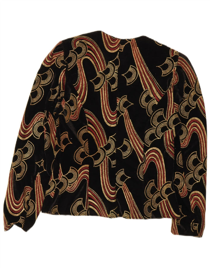Vintage mujeres terciopelo patrón abstracto cardigan top Reino Unido 12 medio negro