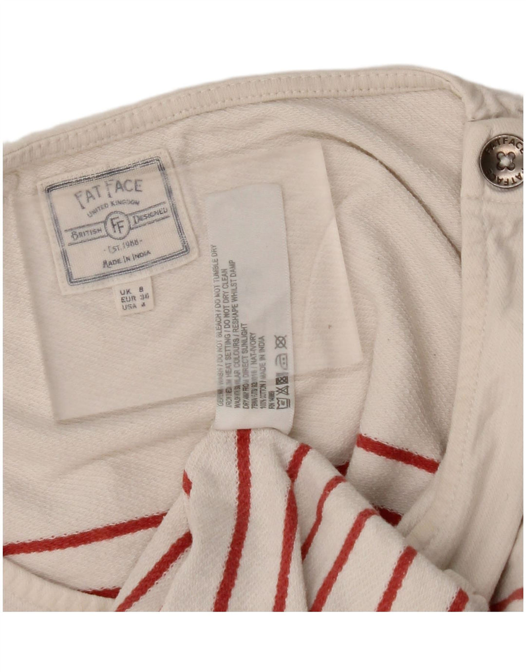 FAT FACE Top para Mujer Manga Larga UK 8 Pequeño Algodón a Rayas Blanco Roto