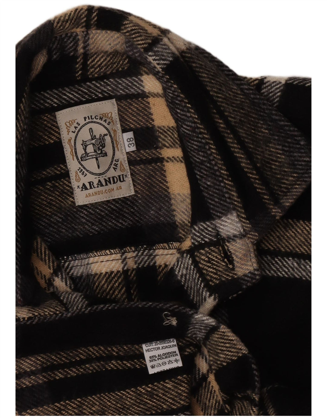 Vintage hombres franela camisa tamaño 38 medio negro cheque algodón