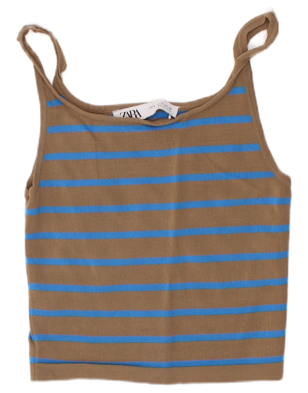 Zara Mujer Crop Cami Top UK 8 Small Marrón Rayas Viscosa