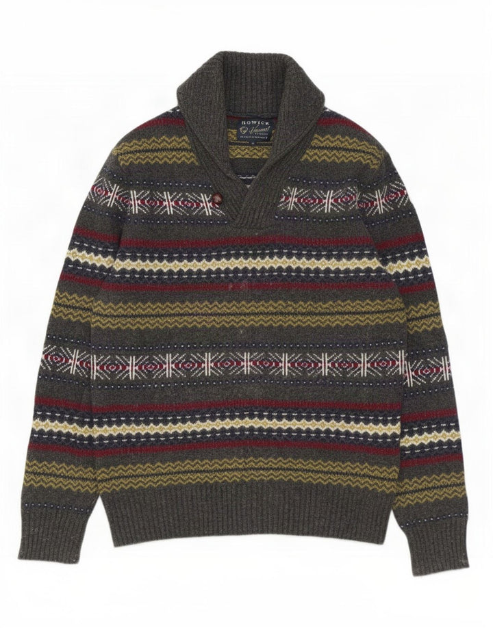 Howick Suéter tipo jersey con cuello chal para hombre de lana de cordero Fair Isle gris medio