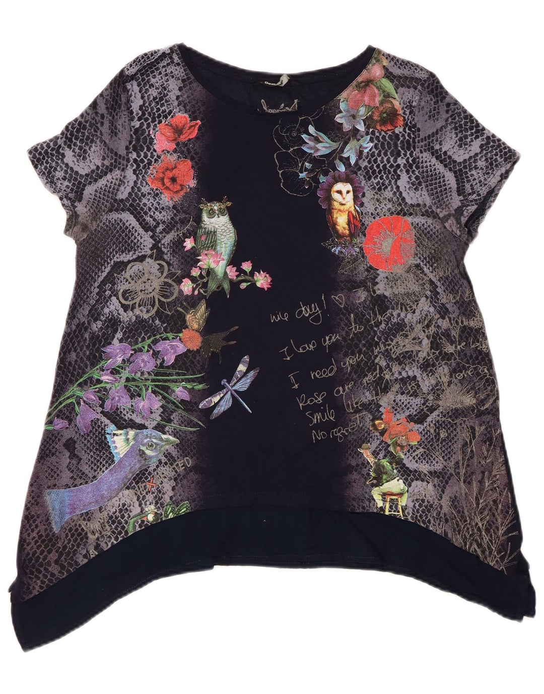Desigual Top tipo túnica con gráfico para mujer UK 40 Medio Azul marino Floral