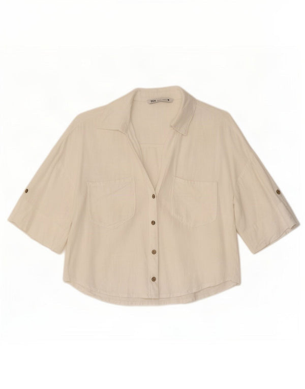 Zara Mujer Camisa Oversize Manga Corta UK 6 XS Lino Blanco