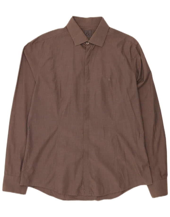 Calvin Klein Camisa Slim Fit para hombre Talla 42 16 1/2 Grande Marrón Algodón