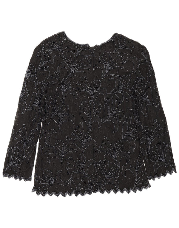 Vintage mujer manga larga blusa regular Top Reino Unido 8 pequeña seda floral negra