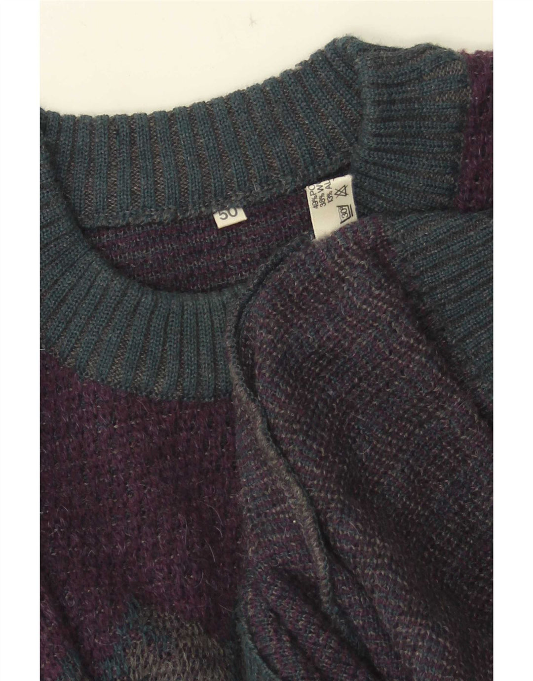 Vintage hombres cuello redondo jersey suéter IT 50 medio púrpura geométrico