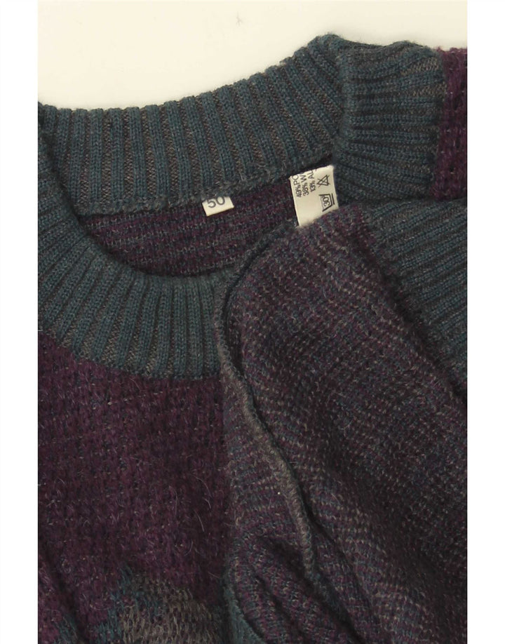 Vintage hombres cuello redondo jersey suéter IT 50 medio púrpura geométrico