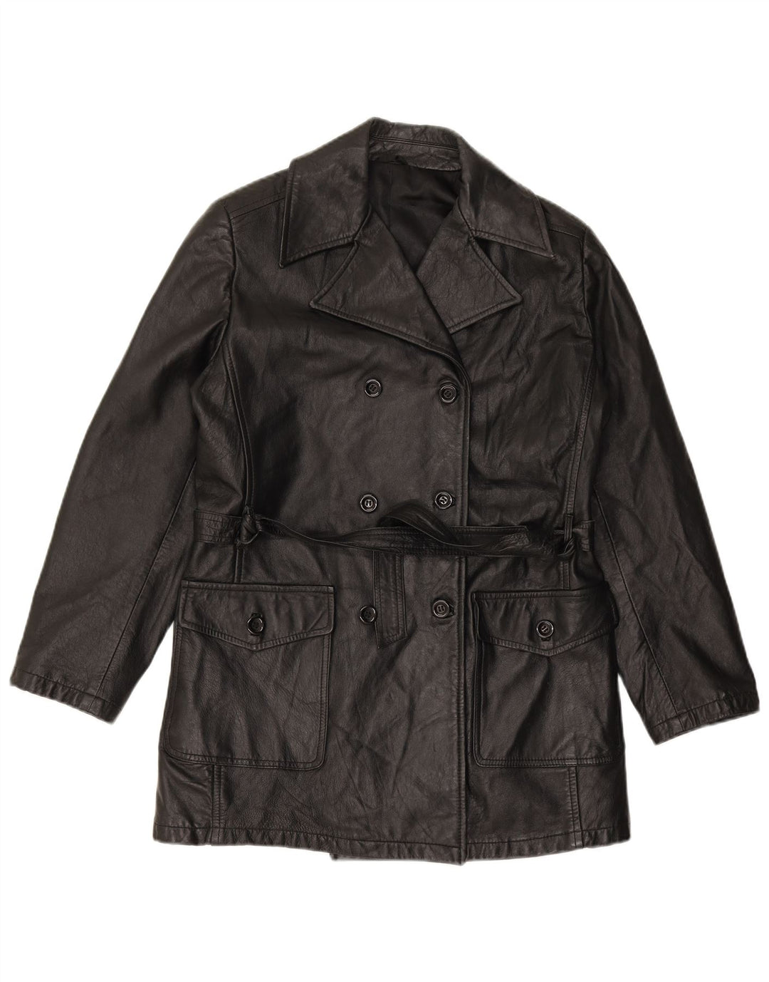 VINTAGE Abrigo de cuero de doble botonadura para mujer IT 44 Cuero negro medio