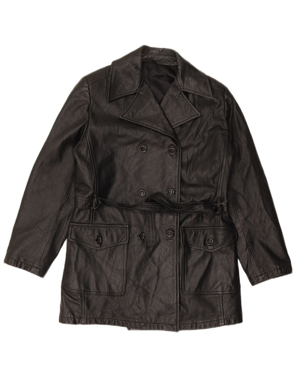 VINTAGE Abrigo de cuero de doble botonadura para mujer IT 44 Cuero negro medio