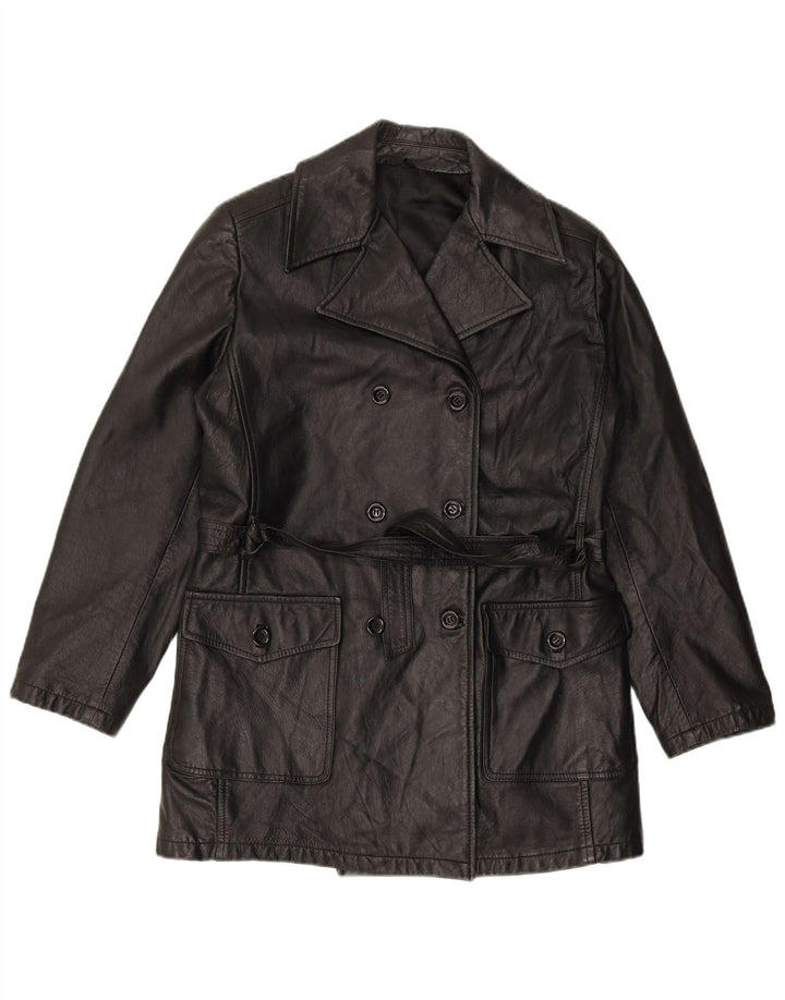 VINTAGE Abrigo de cuero de doble botonadura para mujer IT 44 Cuero negro medio