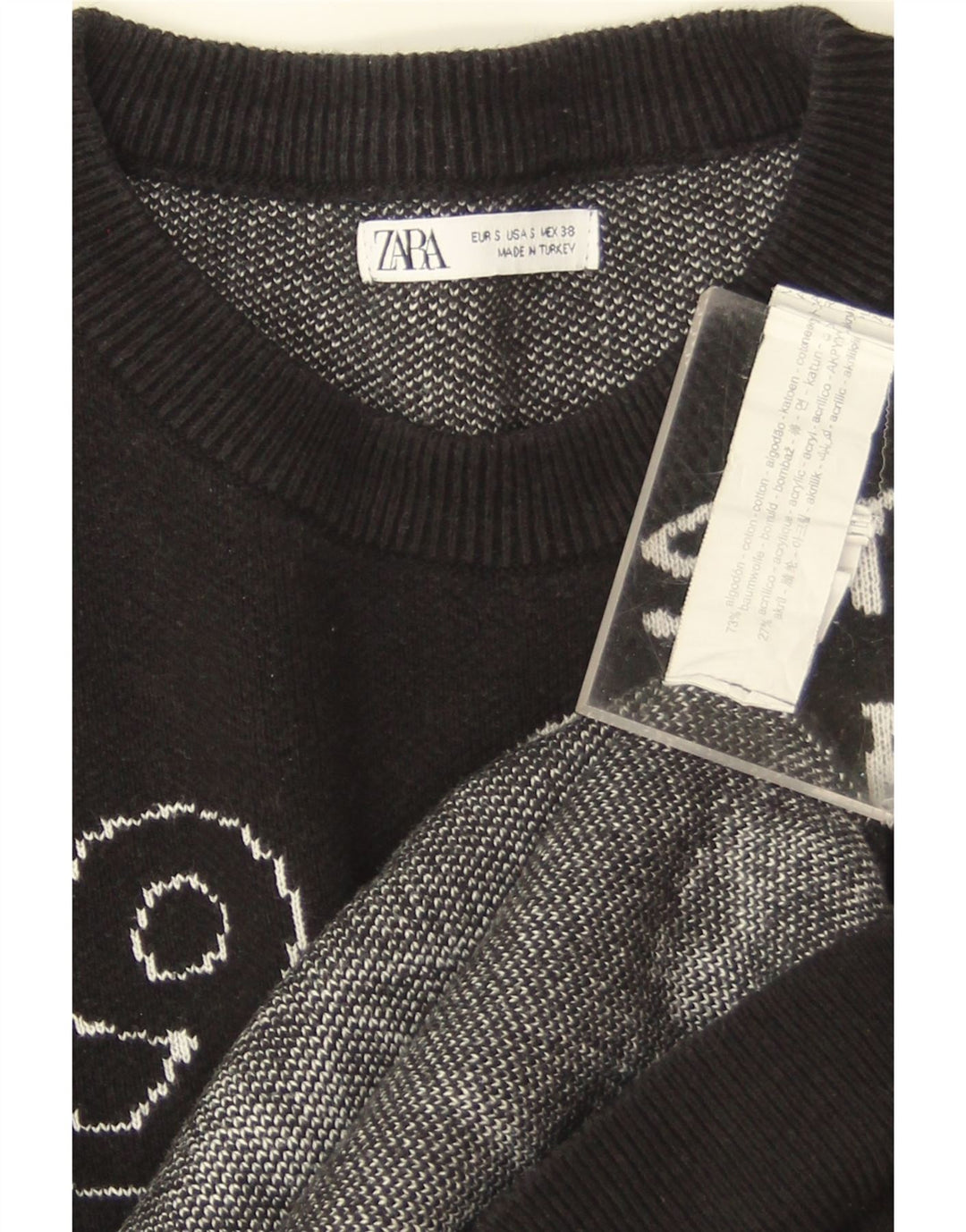 Zara Mujer Gráfico Sudadera De Gran Tamaño Jersey Reino Unido 10 Pequeño Algodón Negro
