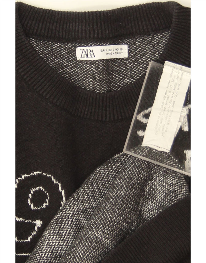 Zara Mujer Gráfico Sudadera De Gran Tamaño Jersey Reino Unido 10 Pequeño Algodón Negro
