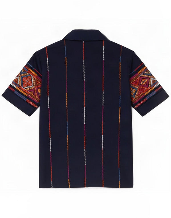 Vintage Womens Short Sleeve Shirt UK 12 Medium Navy Blue Geometric
