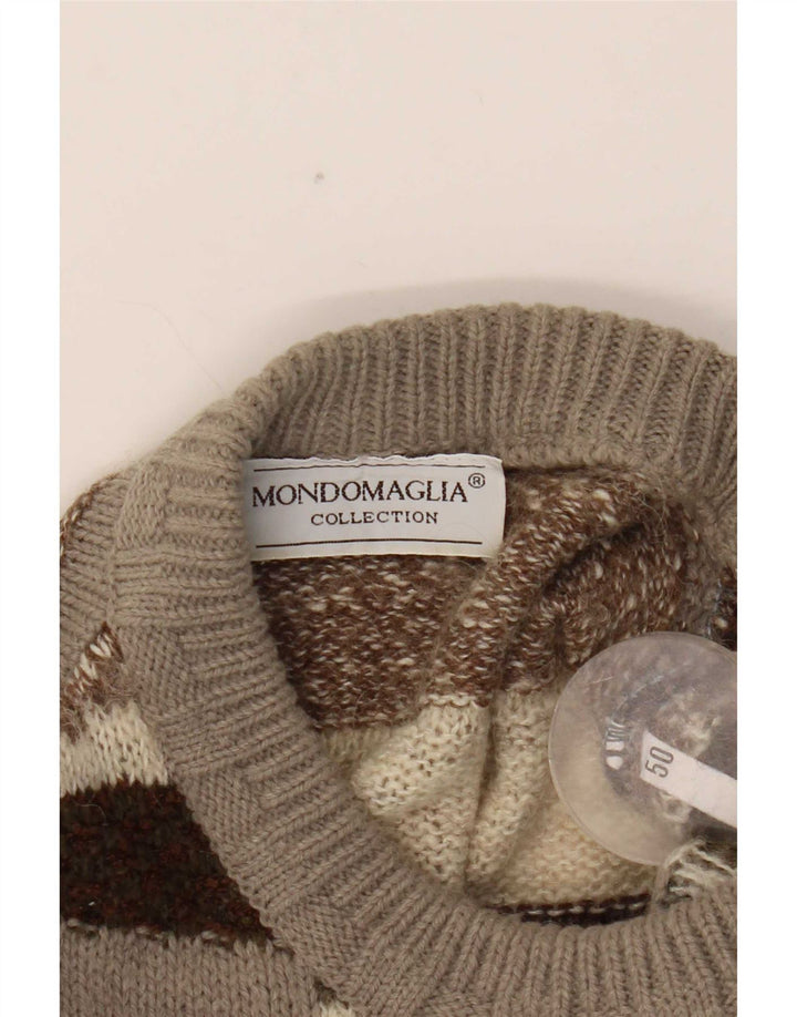 Vintage hombres cuello redondo jersey suéter IT 50 marrón medio geométrico