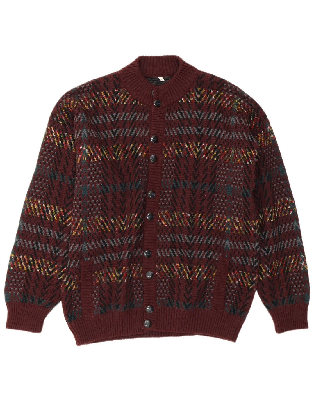 VINTAGE Hombres Cardigan Suéter Gran Granate Geométrico Acrílico