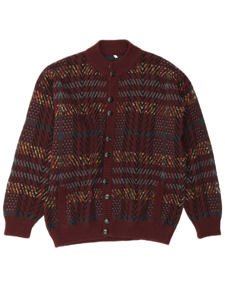 VINTAGE Hombres Cardigan Suéter Gran Granate Geométrico Acrílico