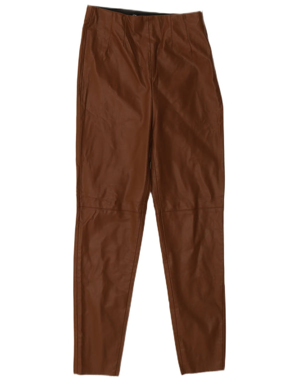Zara Mujer Pantalón Pitillo De Piel Sintética Mediano W28 L27 Marrón Poliéster