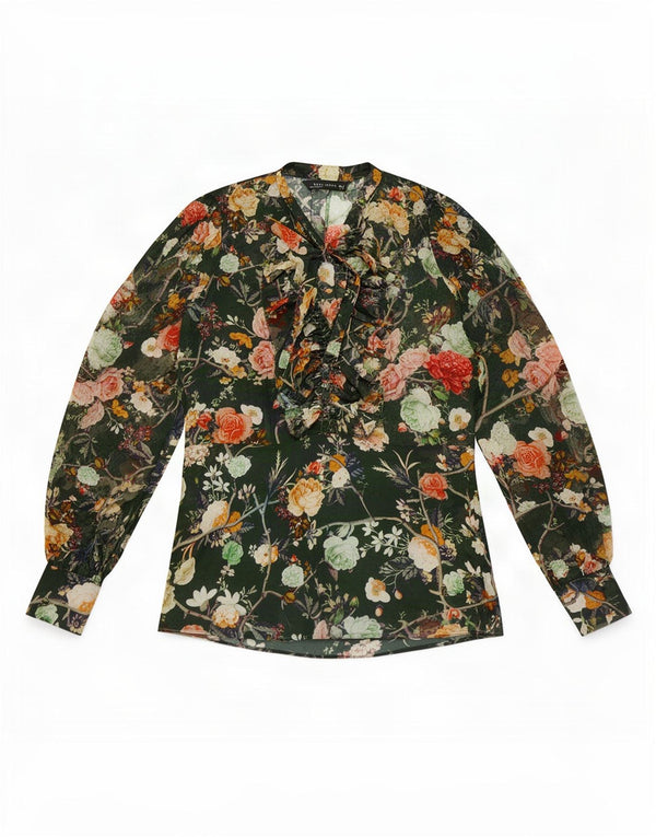 Zara Blusa De Manga Larga Transparente para Mujer Top UK 40 Verde Medio Floral