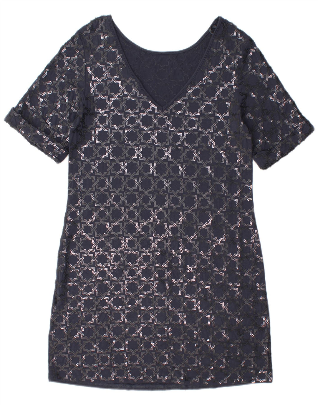 Monsoon Vestido recto de manga corta para mujer, talla 44, talla mediana, azul marino, geométrico