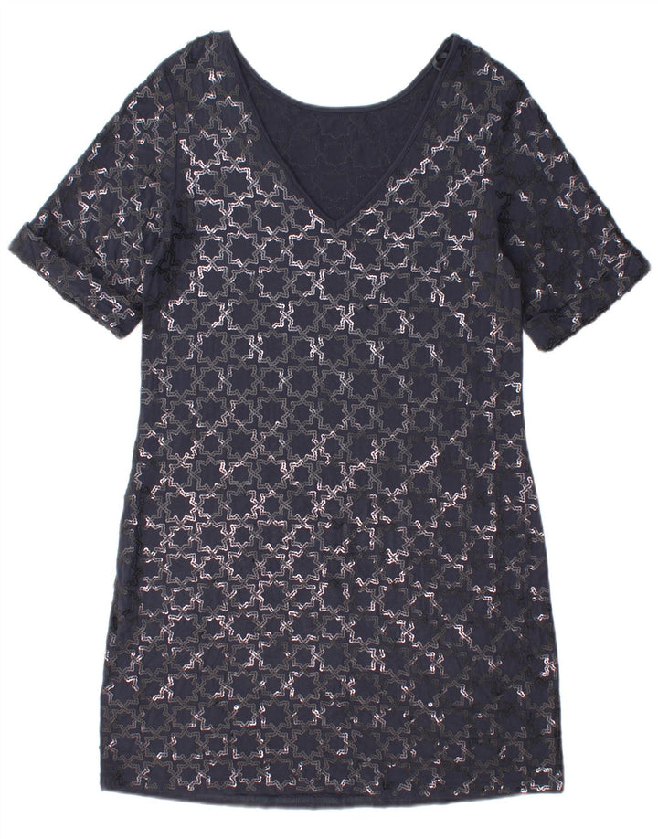 Monsoon Vestido recto de manga corta para mujer, talla 44, talla mediana, azul marino, geométrico