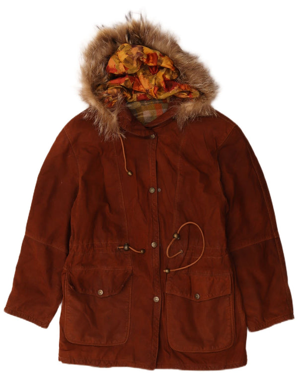 Vintage mujer chaqueta de ante con capucha IT 42 cuero marrón medio