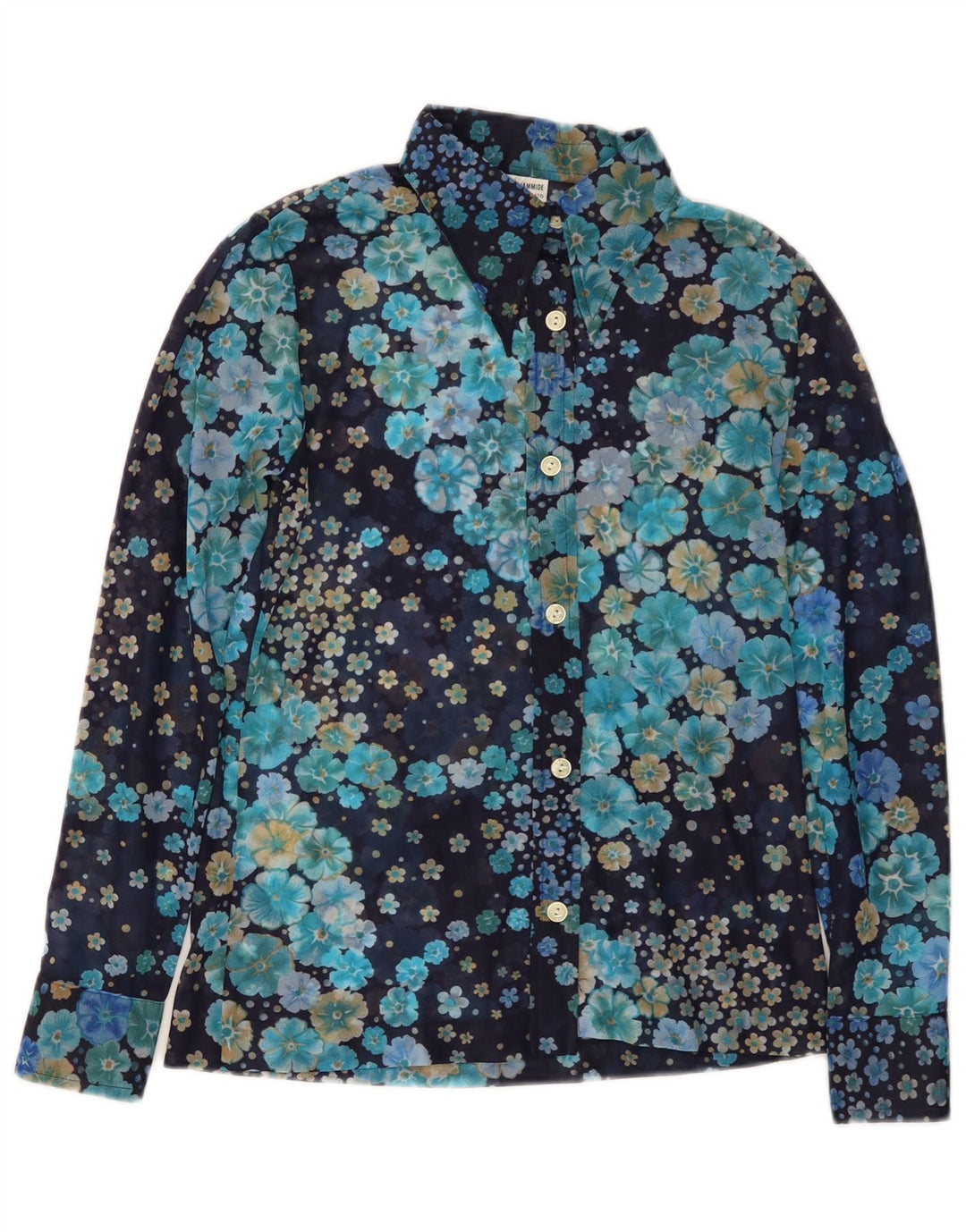 VINTAGE Mujer Camisa Blusa Reino Unido 10 Pequeño Azul Marino Floral Poliamida
