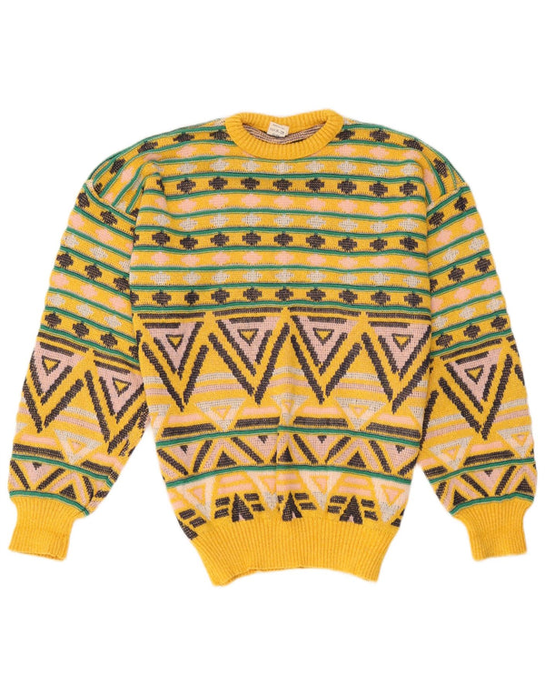 Vintage hombres cuello redondo jersey suéter medio amarillo algodón geométrico