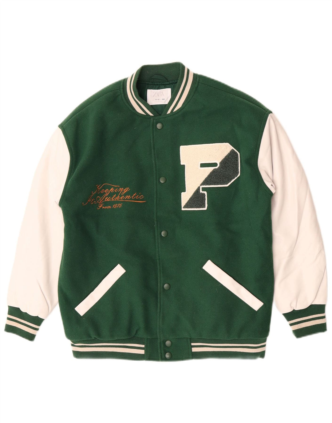 Zara Boys Graphic Varsity Jacket 11-12 años Verde Colorblock Poliéster