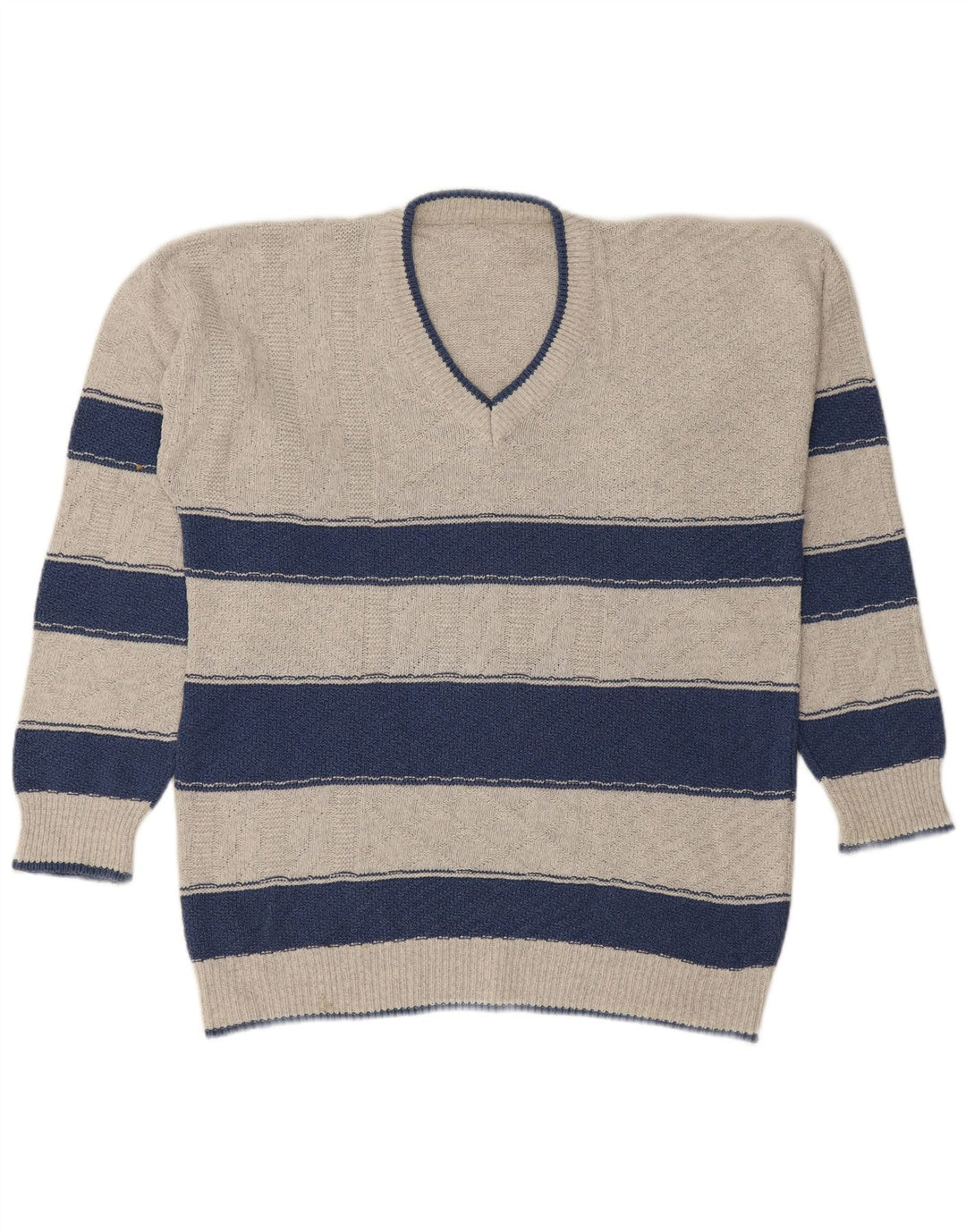 VINTAGE Hombres V-Cuello Jumper Suéter Grande Gris Rayas