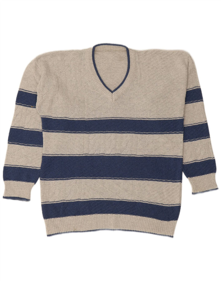 VINTAGE Hombres V-Cuello Jumper Suéter Grande Gris Rayas