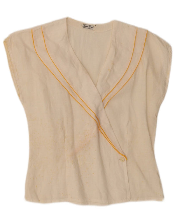 Vintage mujer camisa sin mangas blusa Reino Unido 10 pequeño lino blanco