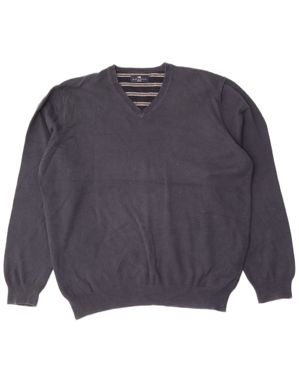 Marks & Spencer Suéter tipo jersey con cuello en V azul Harbor para hombre, talla grande, azul marino