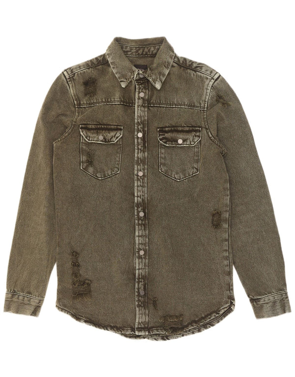Zara Hombre Camisa Vaquera Desgastada De Corte Relajado Pequeño Algodón Caqui