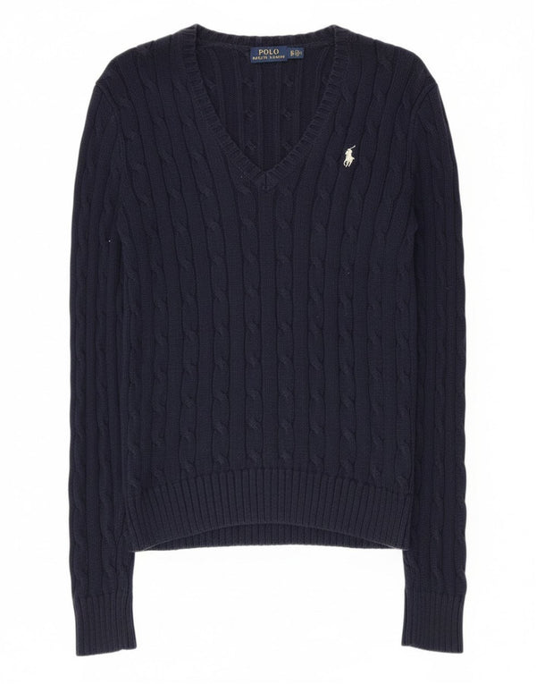 Polo Ralph Lauren suéter con cuello en V para mujer UK 6 pequeño algodón azul marino