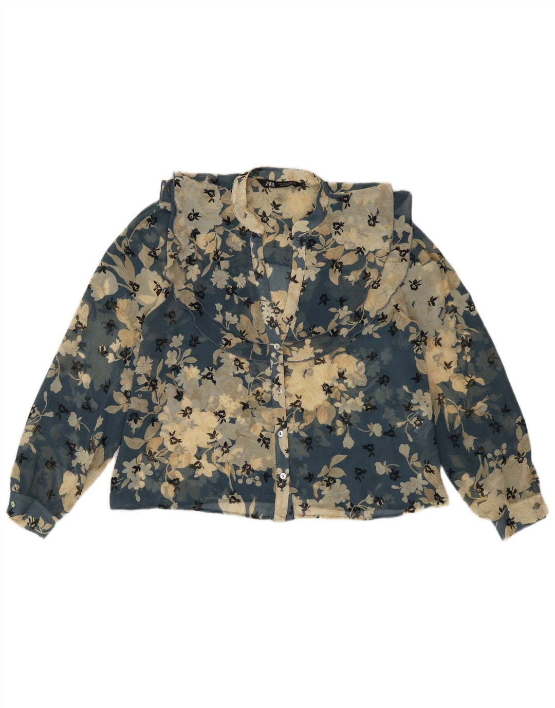 Zara Blusa tipo camisa transparente para mujer UK 10 Poliéster floral azul pequeño