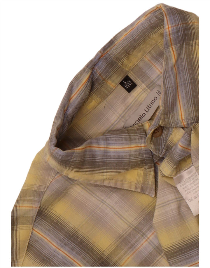 Angelo Litrico Camisa Hombre Talla 41/42 Grande Cuadros Amarillo Algodón