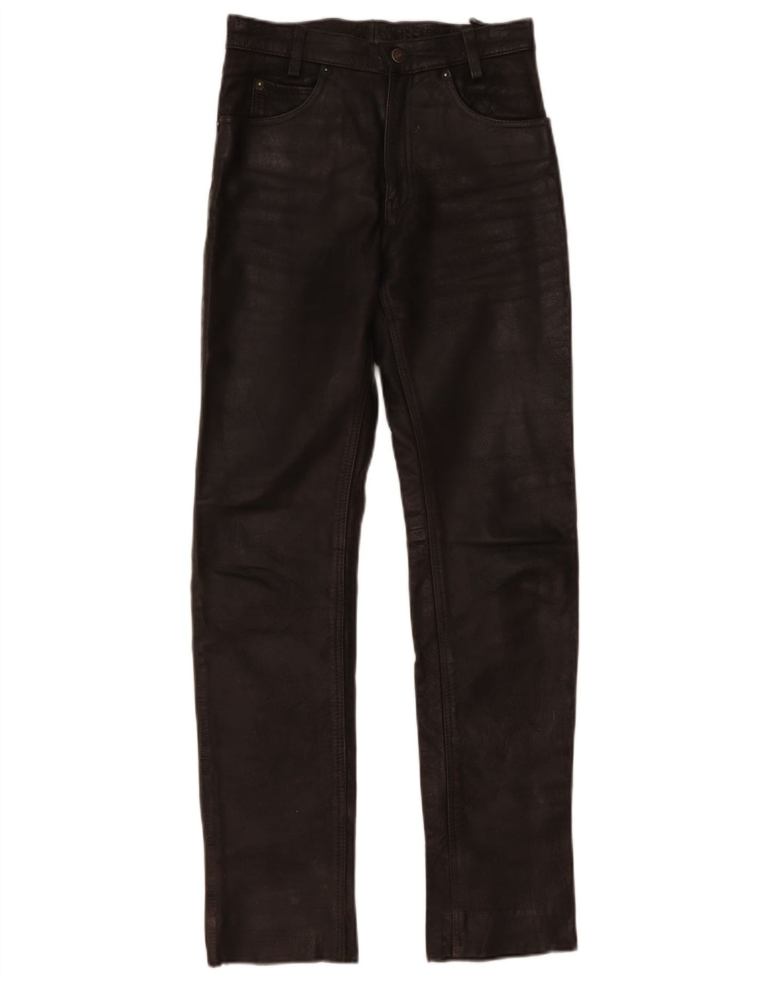 Pantalones de cuero delgados vintage para mujer W28 L32 cuero negro