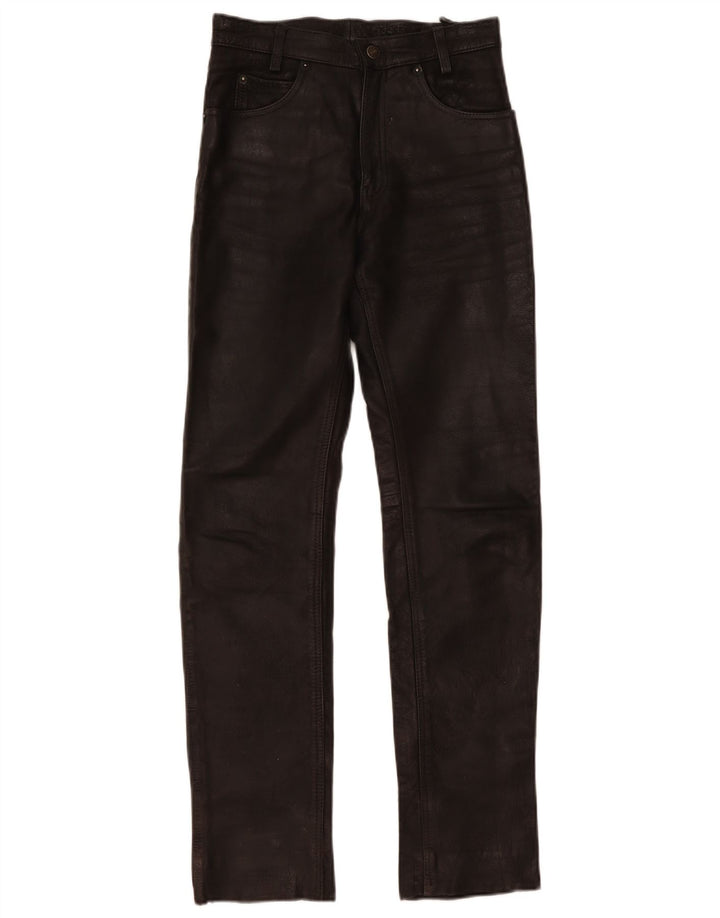 Pantalones de cuero delgados vintage para mujer W28 L32 cuero negro