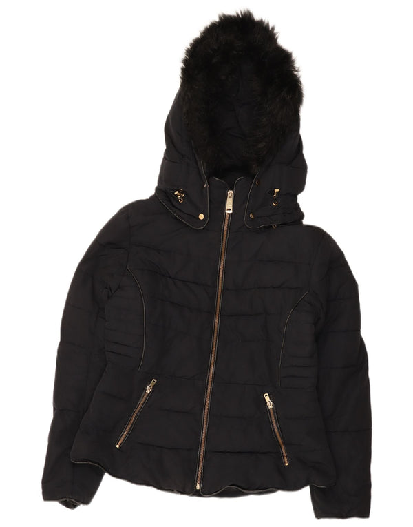 Zara Mujer Crop Chaqueta Acolchada Con Capucha UK 46 Grande Poliéster Negro