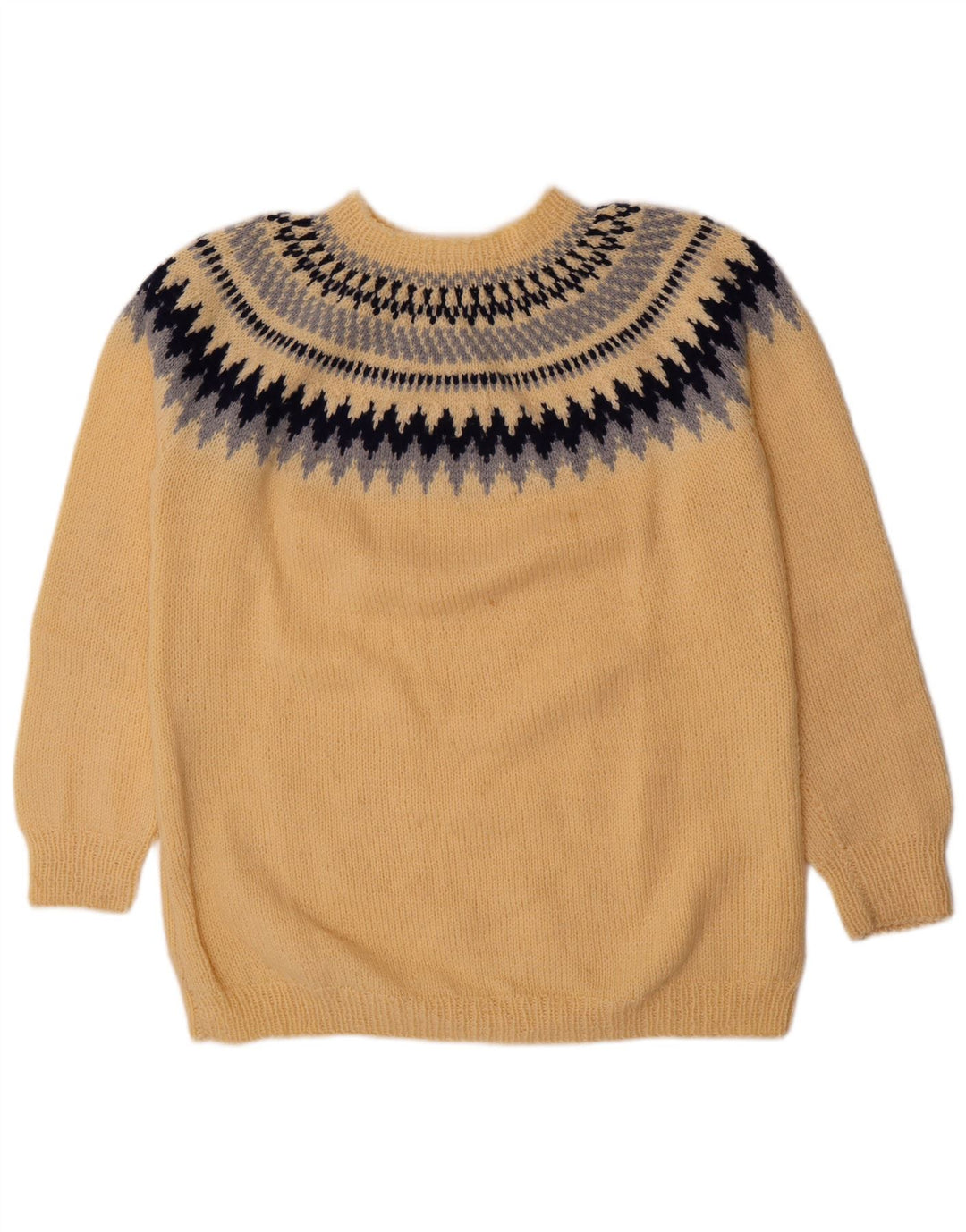 Vintage hombres cuello redondo jersey suéter medio amarillo Fair Isle