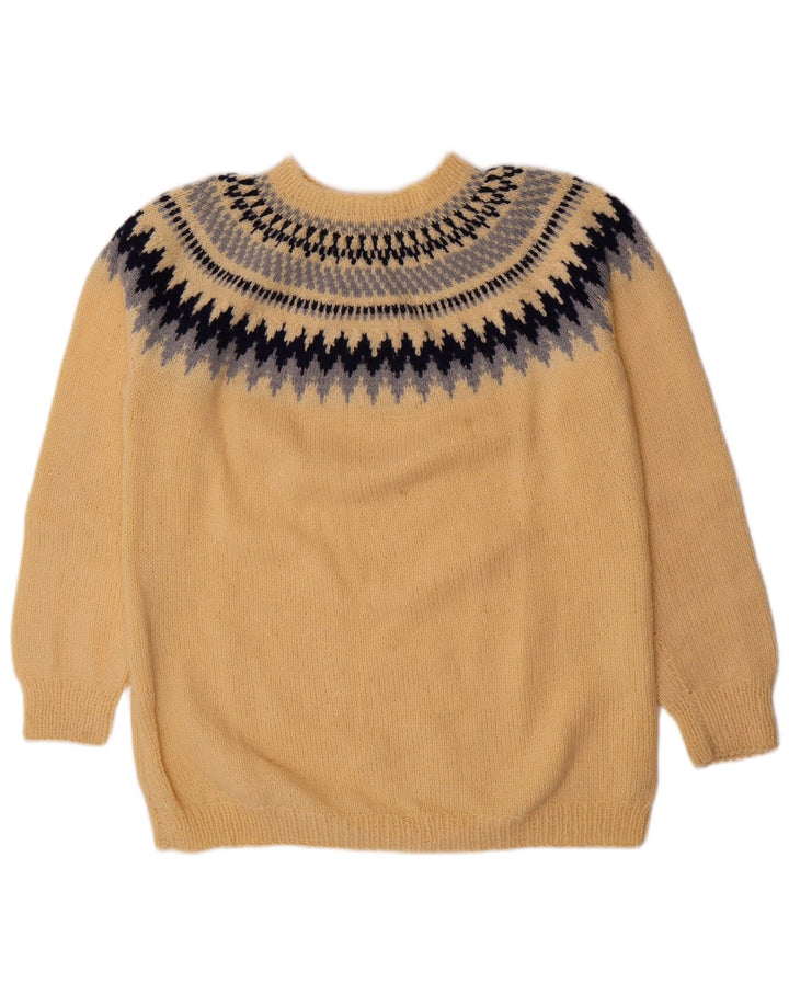 Vintage hombres cuello redondo jersey suéter medio amarillo Fair Isle