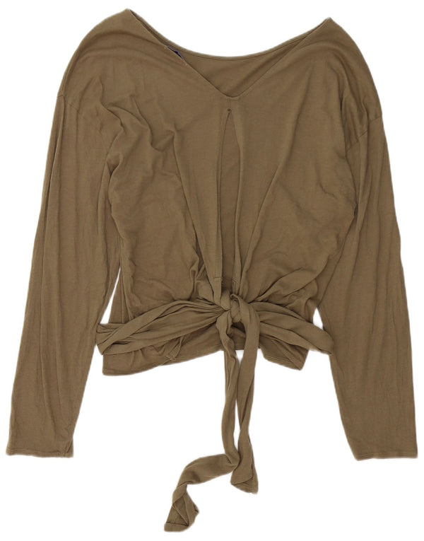 Zara Mujer Crop Blusa De Manga Larga Top UK 46 Grande Caqui Algodón