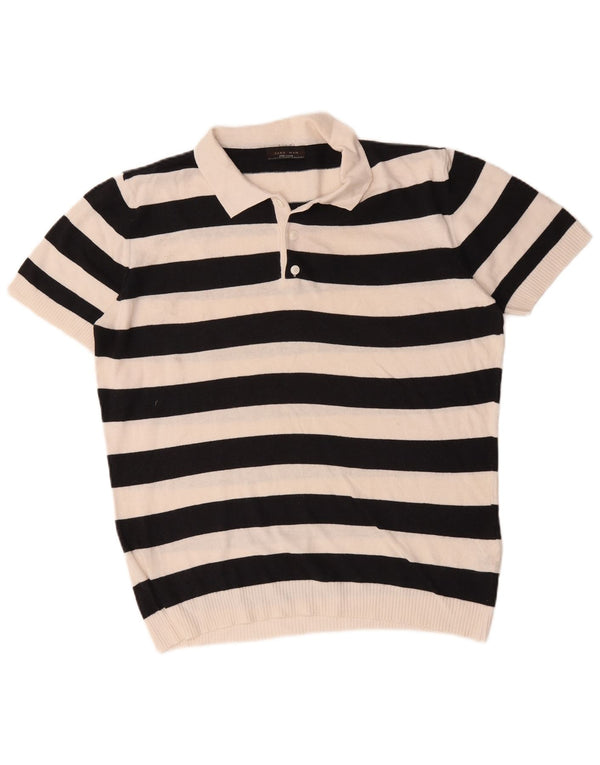Zara Hombre Jersey De Manga Corta Con Cuello Polo Jersey Grande De Algodón A Rayas Negro
