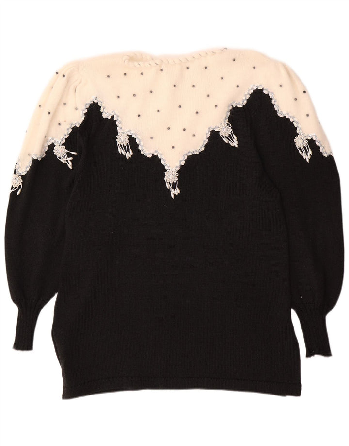 VINTAGE Mujer Barco Cuello Jersey Suéter Reino Unido 14 Medio Negro Colorblock