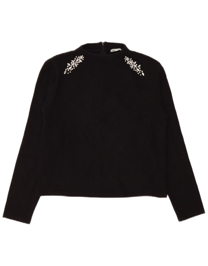 Zara Mujer Top Manga Larga UK 44 Mediano Negro