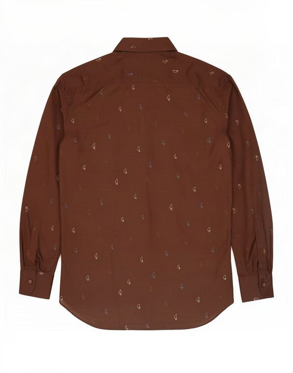 Vintage hombres patrón abstracto camisa tamaño 37 seda marrón medio