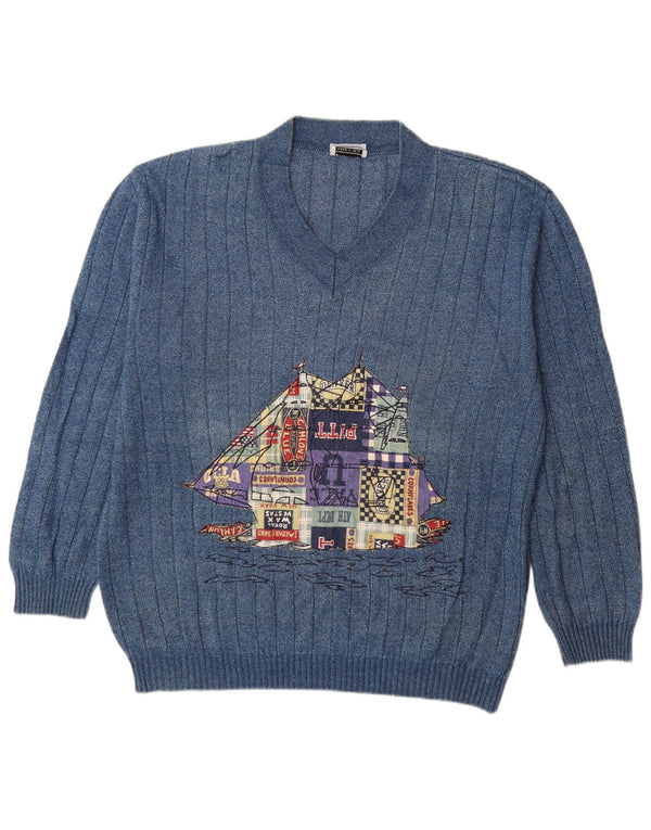 Vintage hombres gráfico V-cuello jumper suéter XL azul algodón cómics