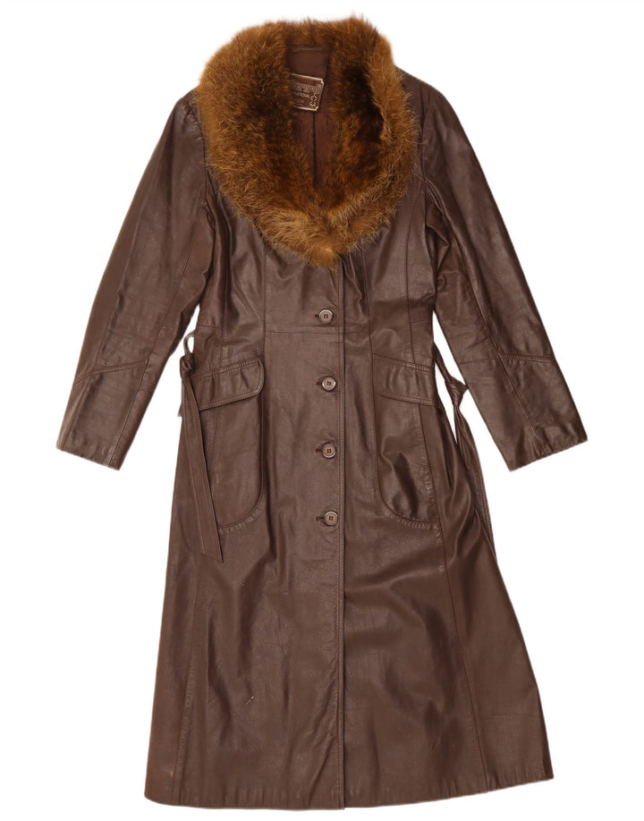 VINTAGE Abrigo de cuero para mujer Reino Unido 12 Cuero marrón medio