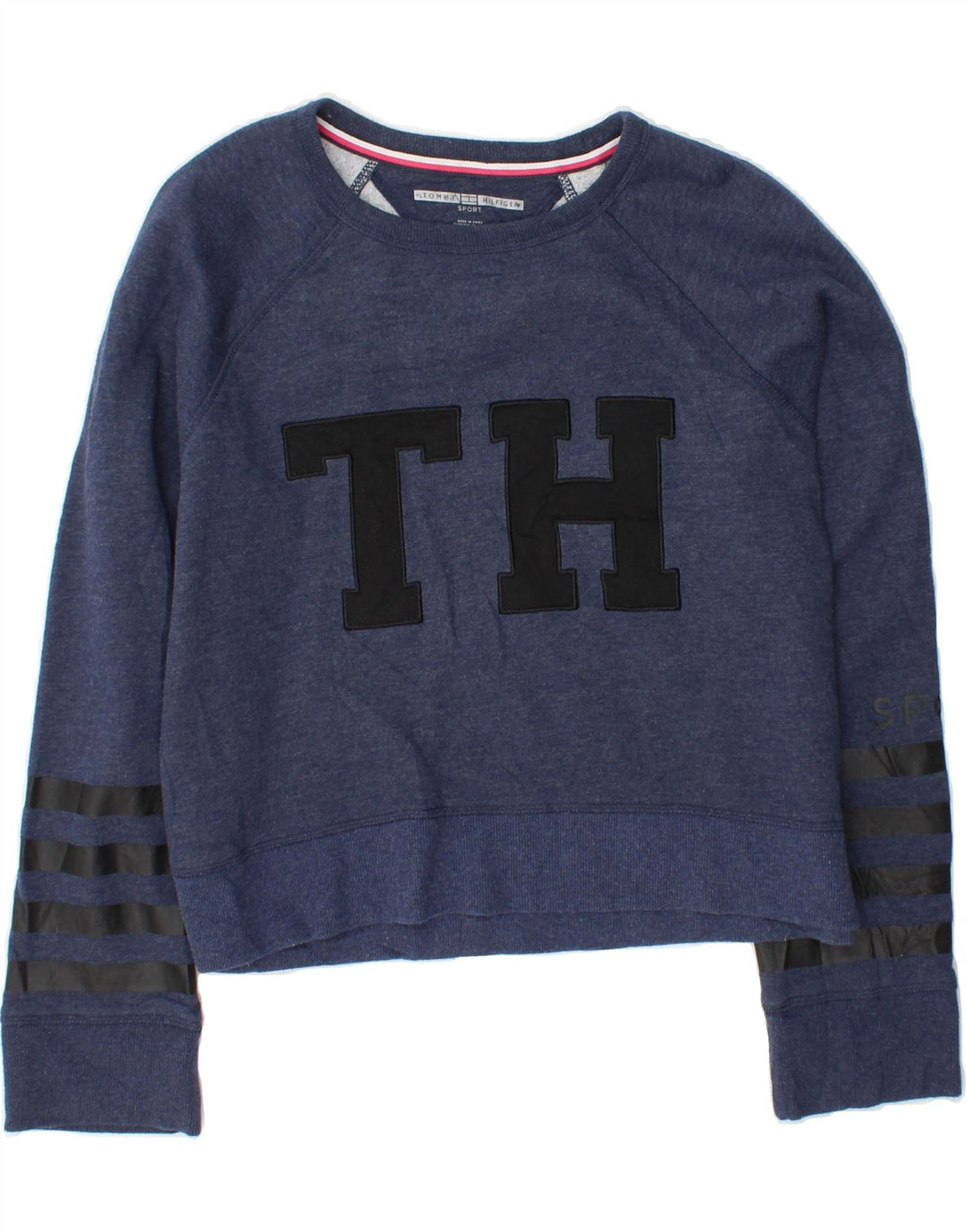 TOMMY HILFIGER Womens Crop Sweatshirt Jumper UK 14 Medium Navy Blue Vintage Tommy Hilfiger and Second-Hand Tommy Hilfiger from Messina Hembry 