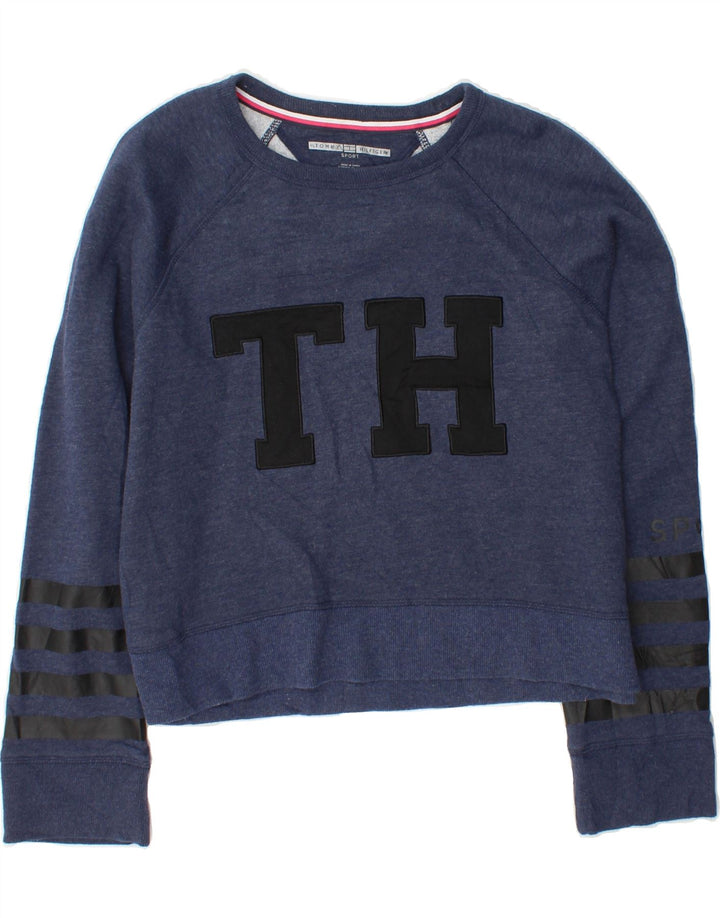 TOMMY HILFIGER Womens Crop Sweatshirt Jumper UK 14 Medium Navy Blue Vintage Tommy Hilfiger and Second-Hand Tommy Hilfiger from Messina Hembry 